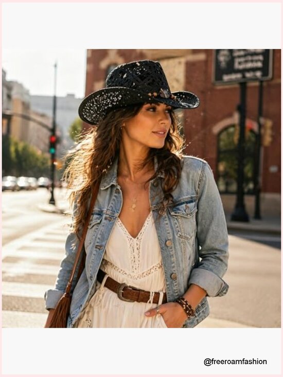 Paper Straw Cowboy Hat with Chin Strap Wide Brim Summer Beach Sun Hat main image 7